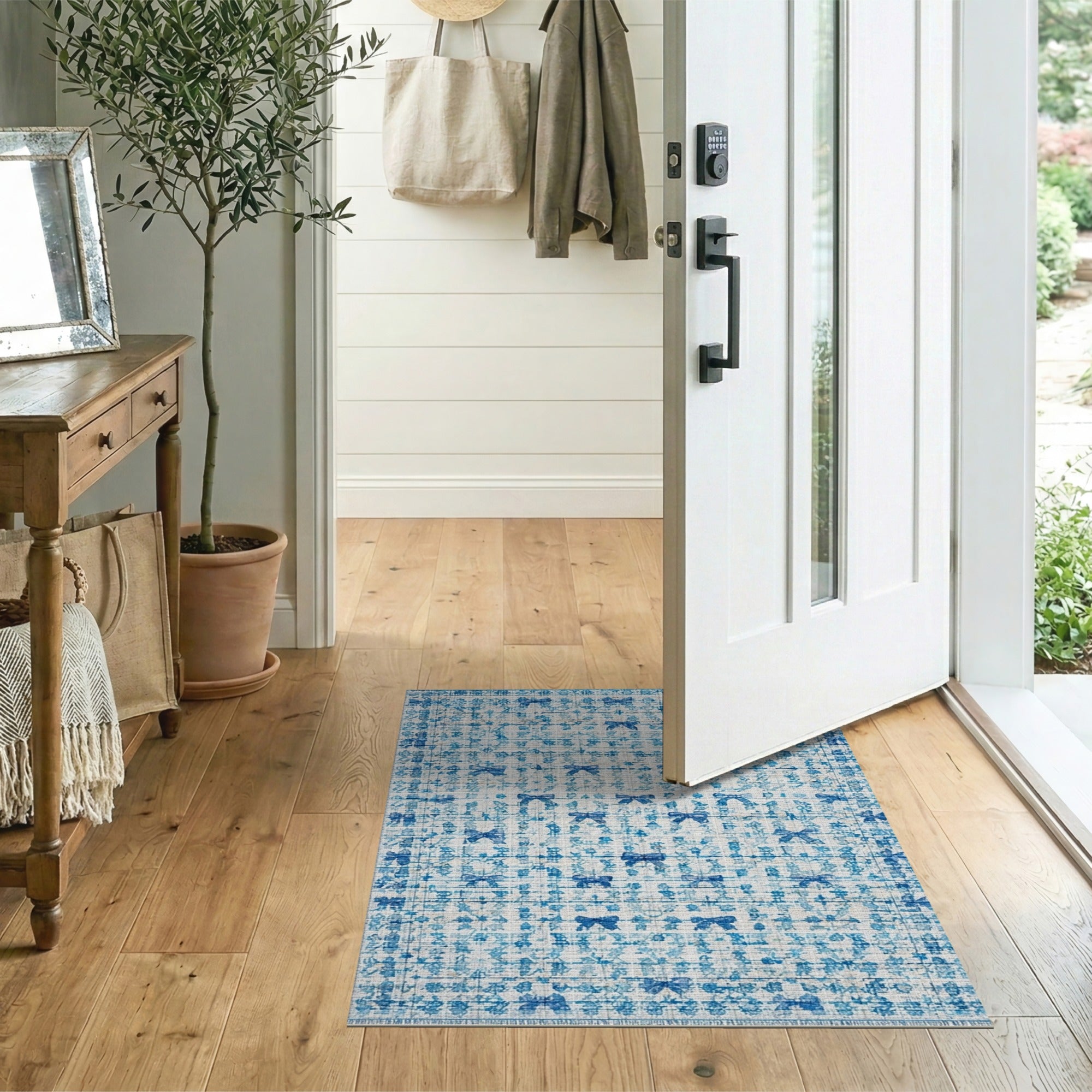 Blue Bow Motif Distressed Vintage Area Rug