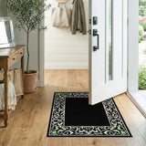 Ornate Black Area Rug with Green Floral Border