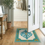 Teal Ornate Floral Crest Area Rug
