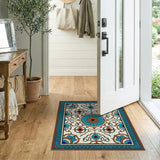 ODIKA Washable Teal & Orange Medallion Area Rug - Low Pile Non-Slip Boho Carpet