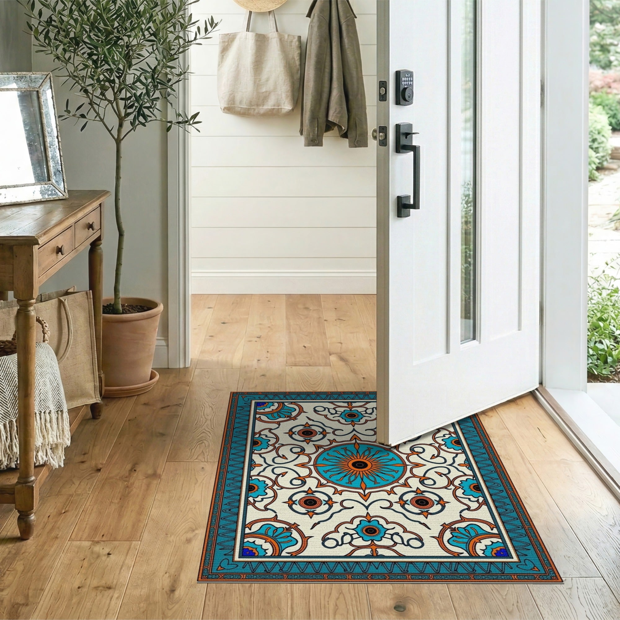 ODIKA Washable Teal & Orange Medallion Area Rug - Low Pile Non-Slip Boho Carpet
