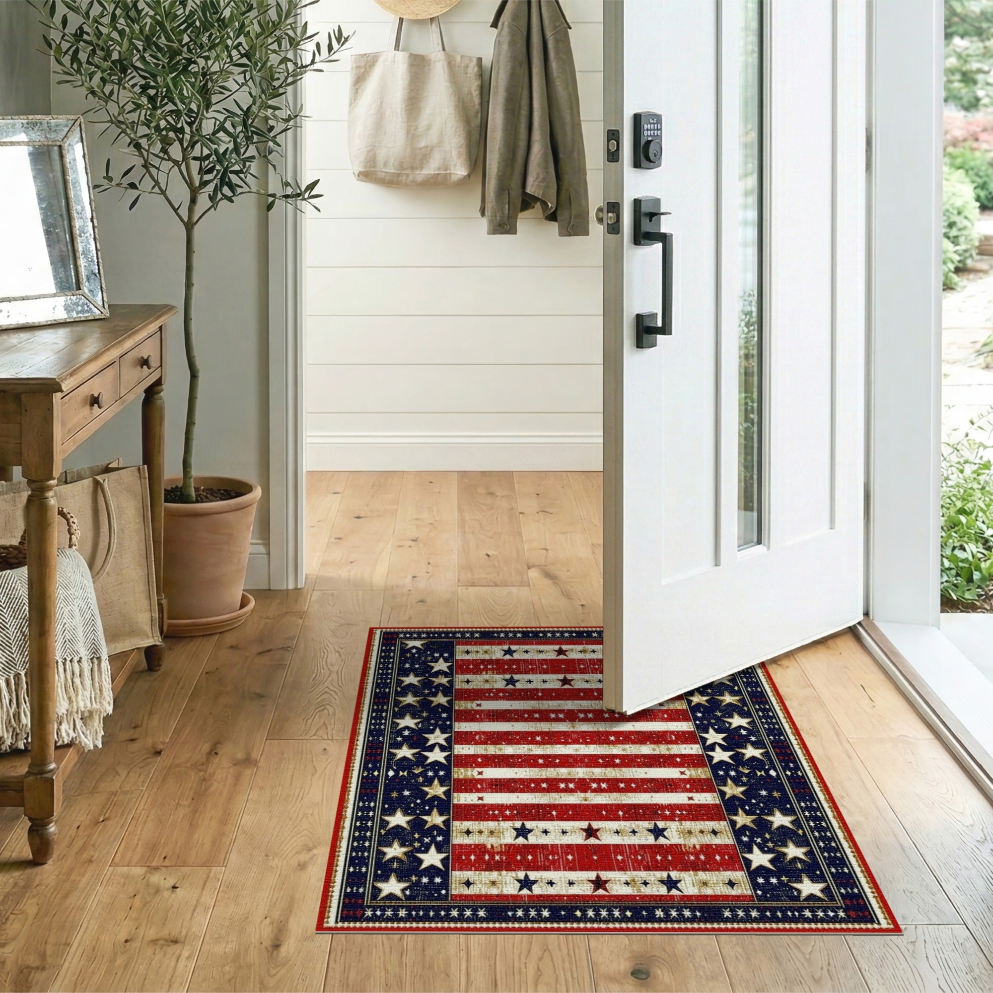 ODIKA American Flag Washable Rug, Vintage Patriotic Stars and Stripes, Low Pile Non-Slip Indoor Area Rug