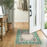 Teal Pink Floral Border Area Rug