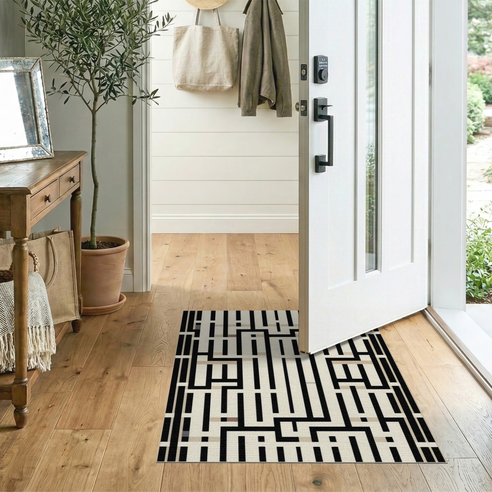 Black and White Geometric Modern Black White Maze Labyrinth Geometric Area Rug