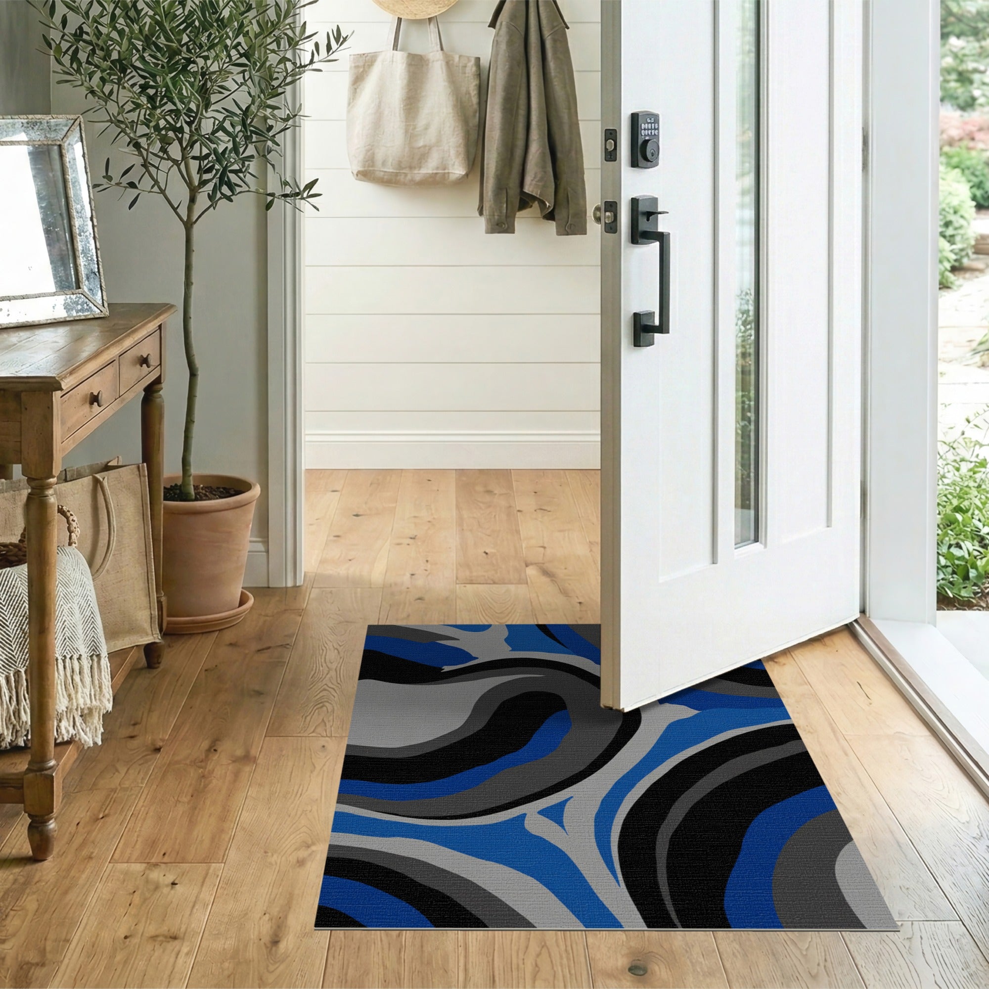 ODIKA Modern Abstract Blue & Grey Washable Area Rug - Low Pile Non-Slip Carpet