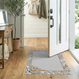 ODIKA Washable Grey Marble Area Rug with Gold Filigree Frame - Low Pile Non-Slip Rug