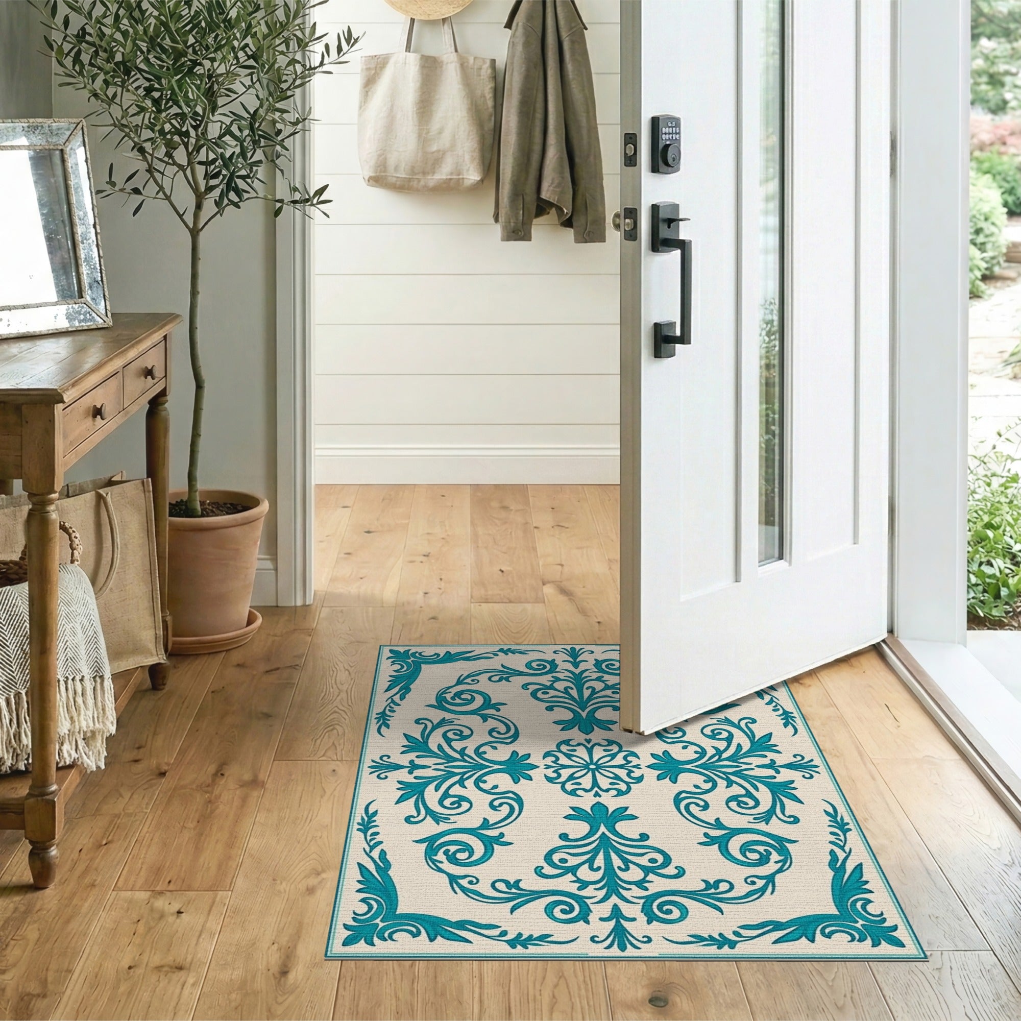 Floral Vintage Ornate Teal Floral Vine Area Rug