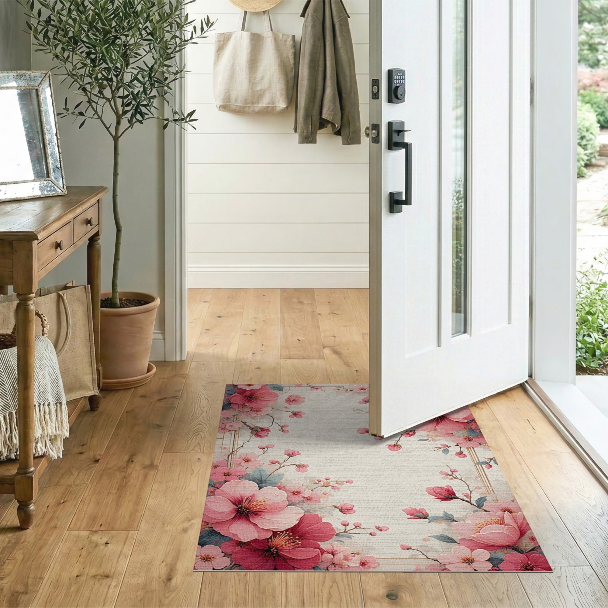 Pink Cherry Blossom Peony Framed Area Rug