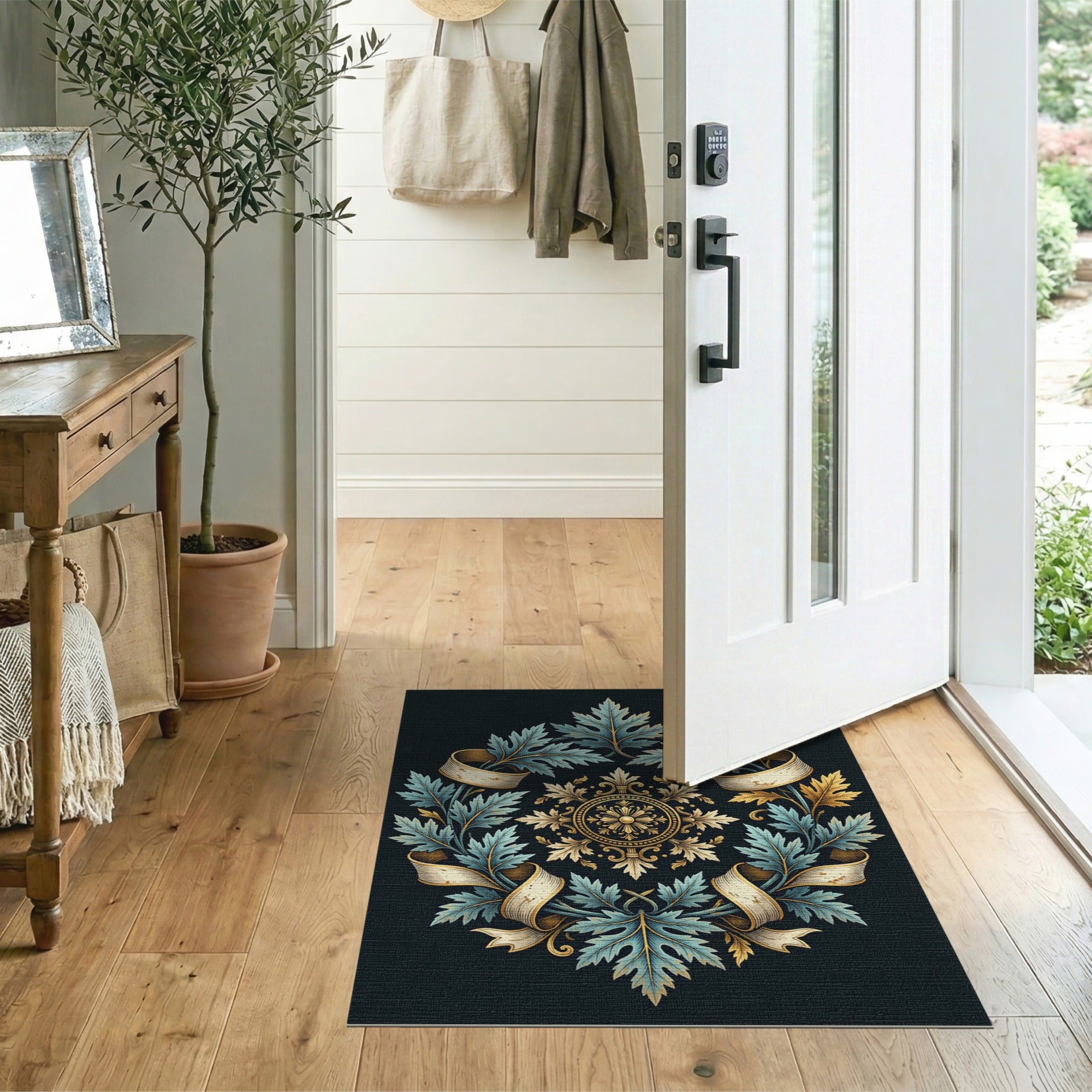 Ornate Teal Leaf Medallion Area Rug