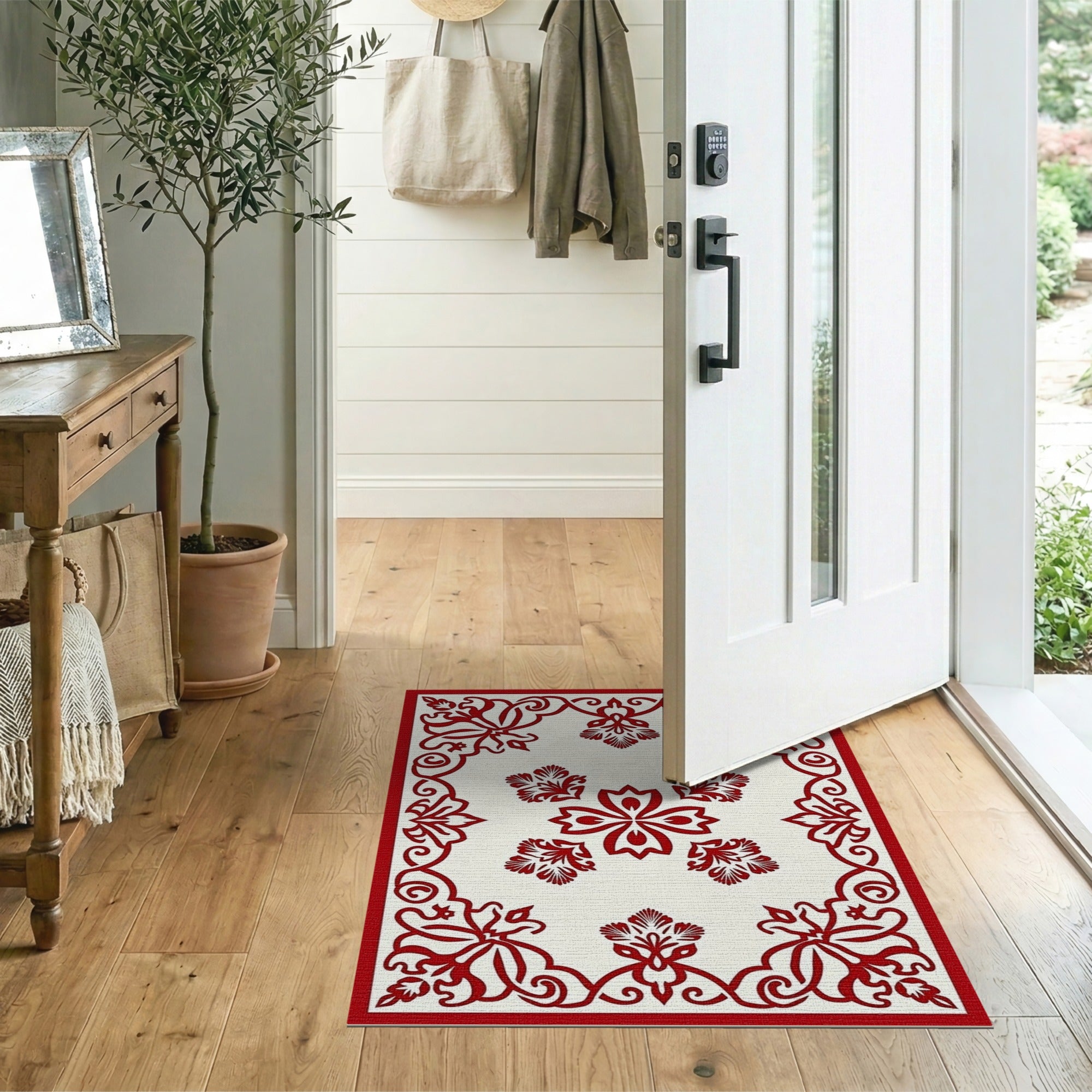 Red Papercut Floral Area Rug with Ornate Border