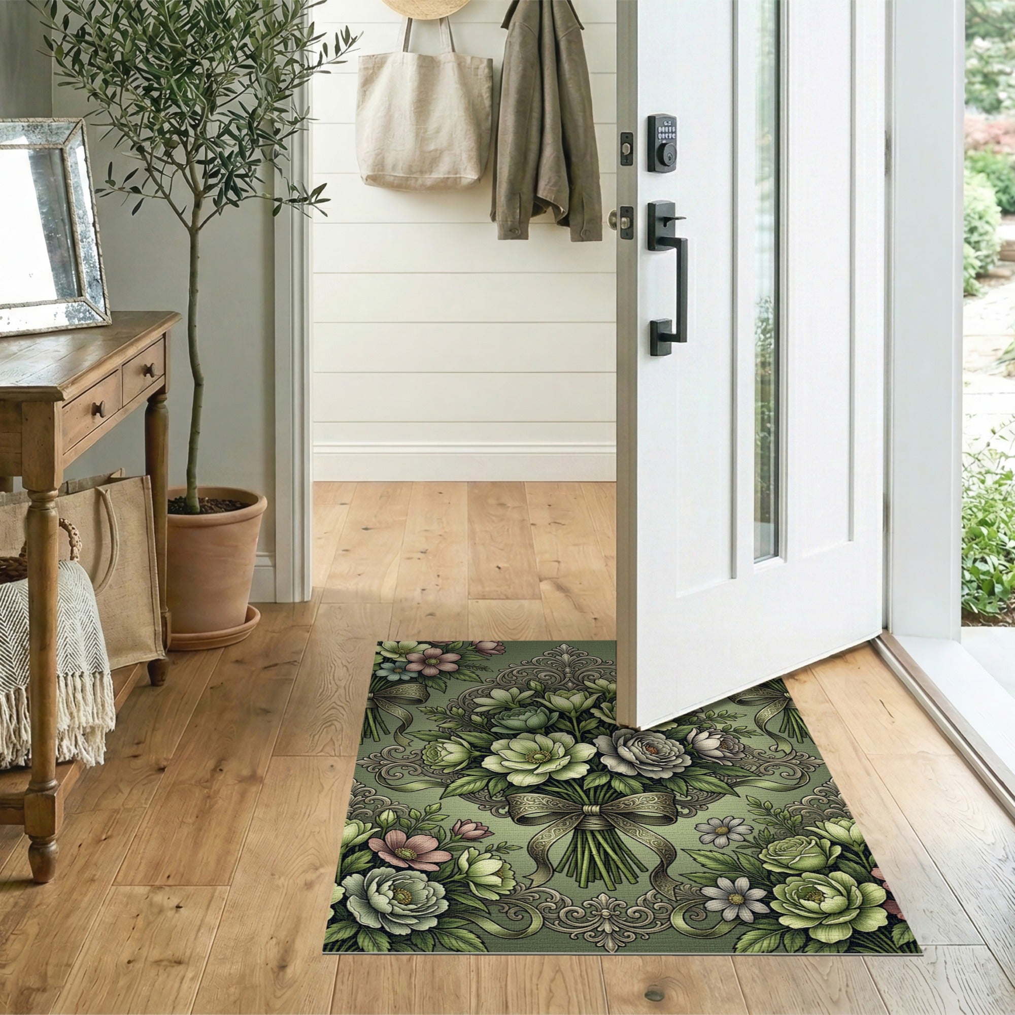 Baroque Green Anemone Bouquet Area Rug