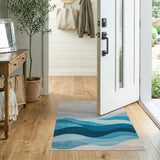 ODIKA Washable Abstract Ocean Wave Area Rug - Blue & Beige Low Pile Non-Slip Carpet