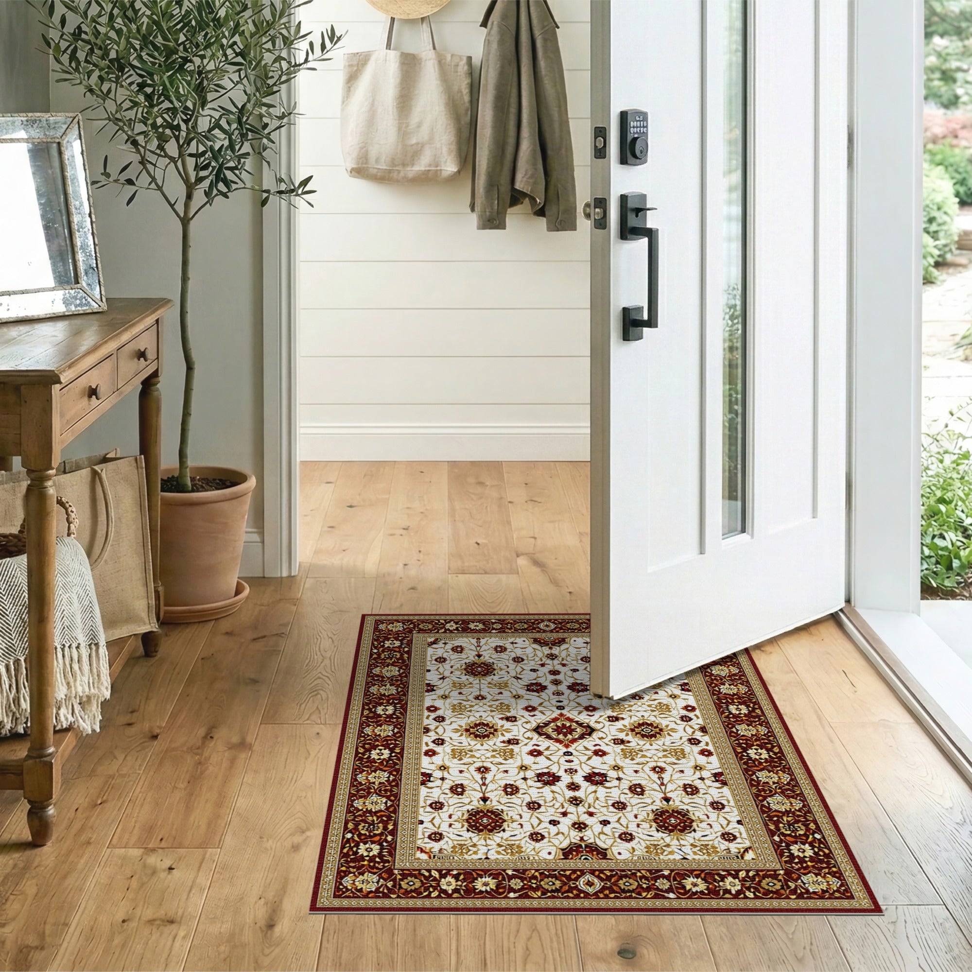 Traditional Persian Floral Area Rug Cream Red Border