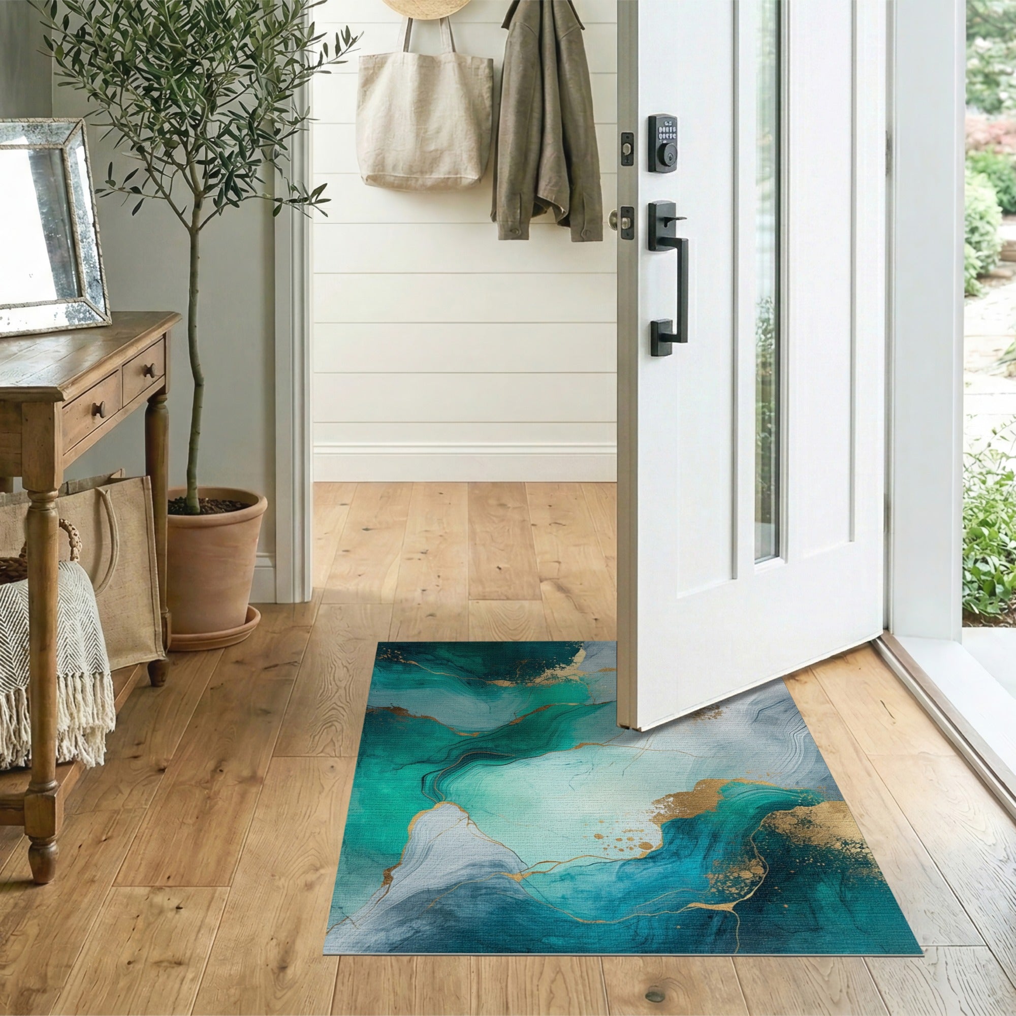 Teal Gold Fluid Abstract Area Rug