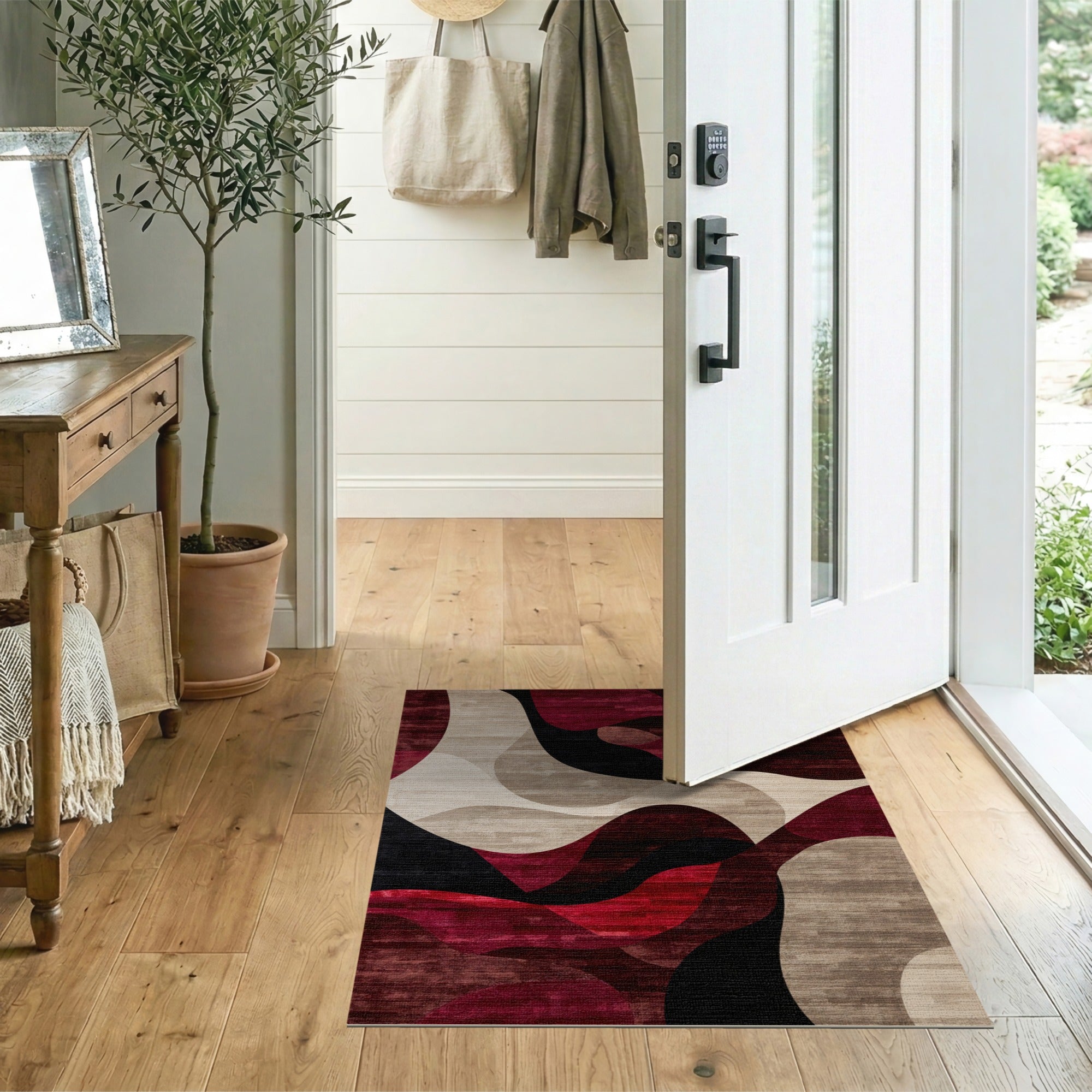 ODIKA Modern Abstract Wave Washable Area Rug - Low Pile, Non-Slip, Burgundy & Black
