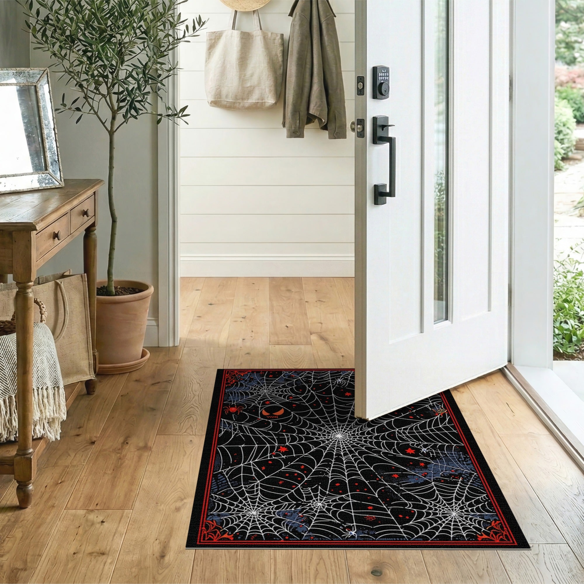 Eerie Spider Web Halloween Area Rug with Jack-O-Lantern