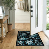 Elegant White Roses Teal Leaves Black Area Rug