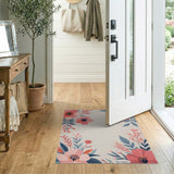 Blush Pink Floral Area Rug with Blue Leaves