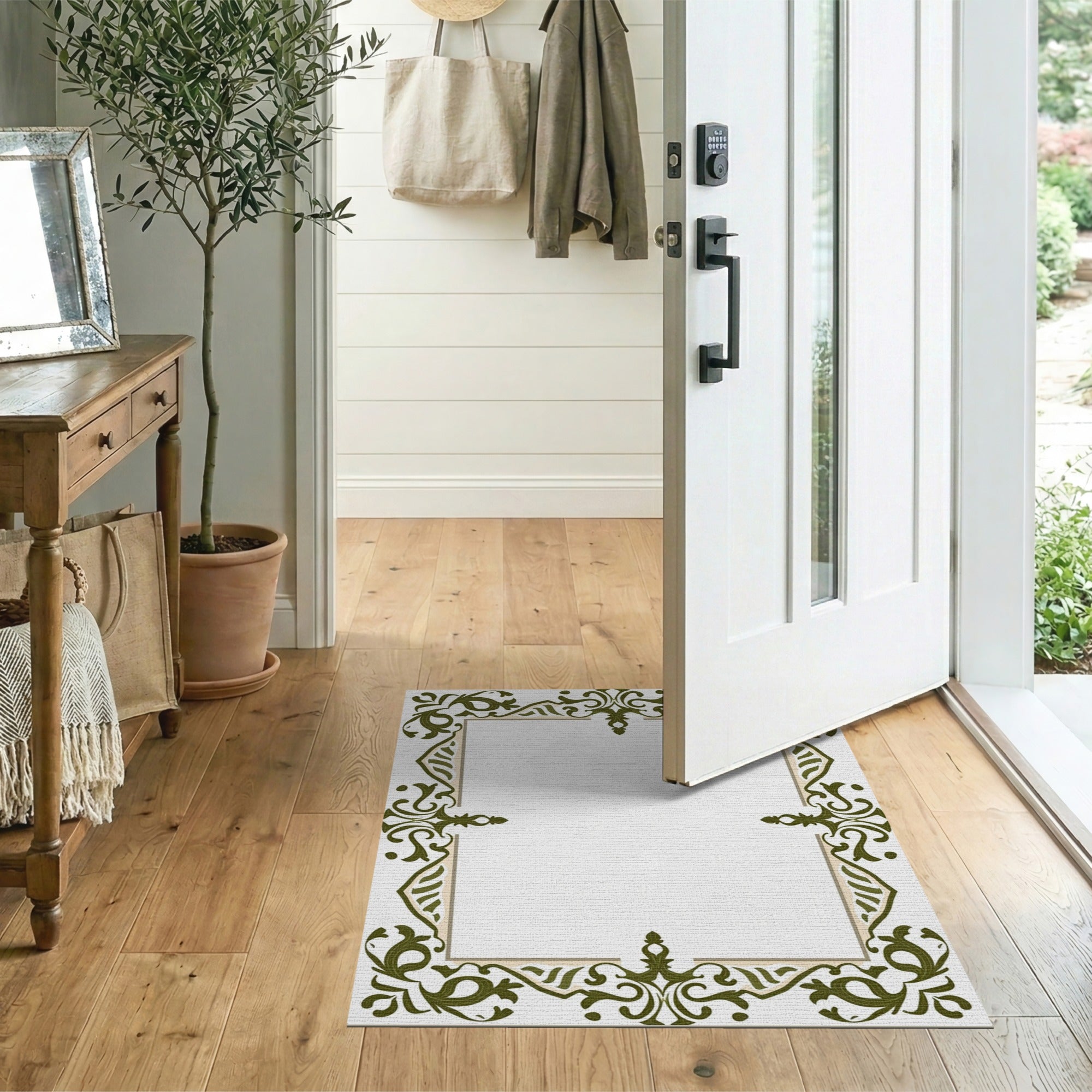 Floral Vintage Green Ornate Green Floral Frame Area Rug