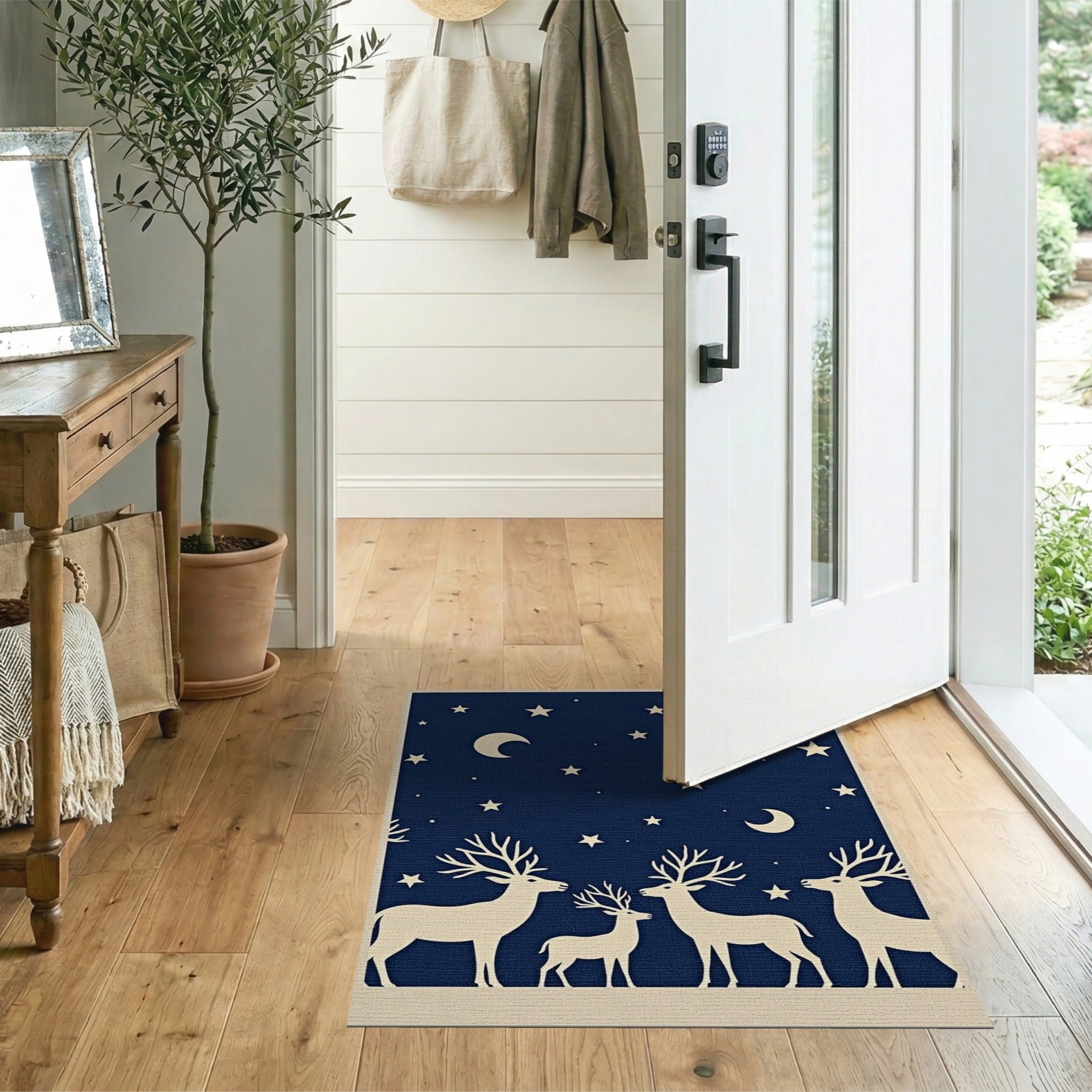 Navy Deer Family Starry Night Silhouette Area Rug