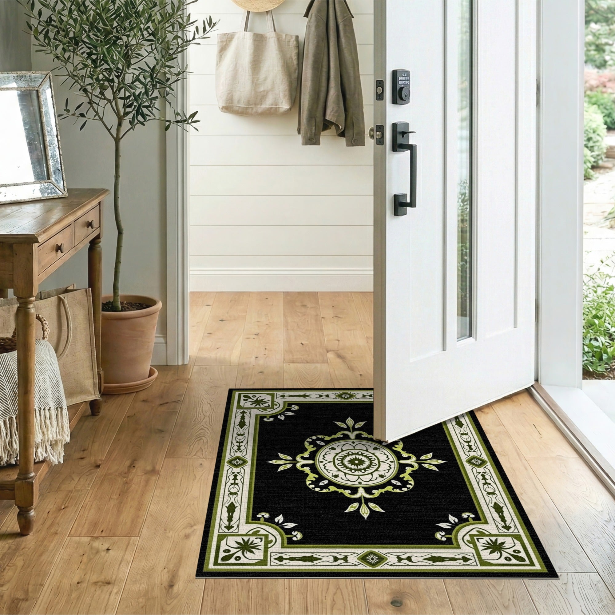 Elegant Black Persian Rug with Green Floral Medallion