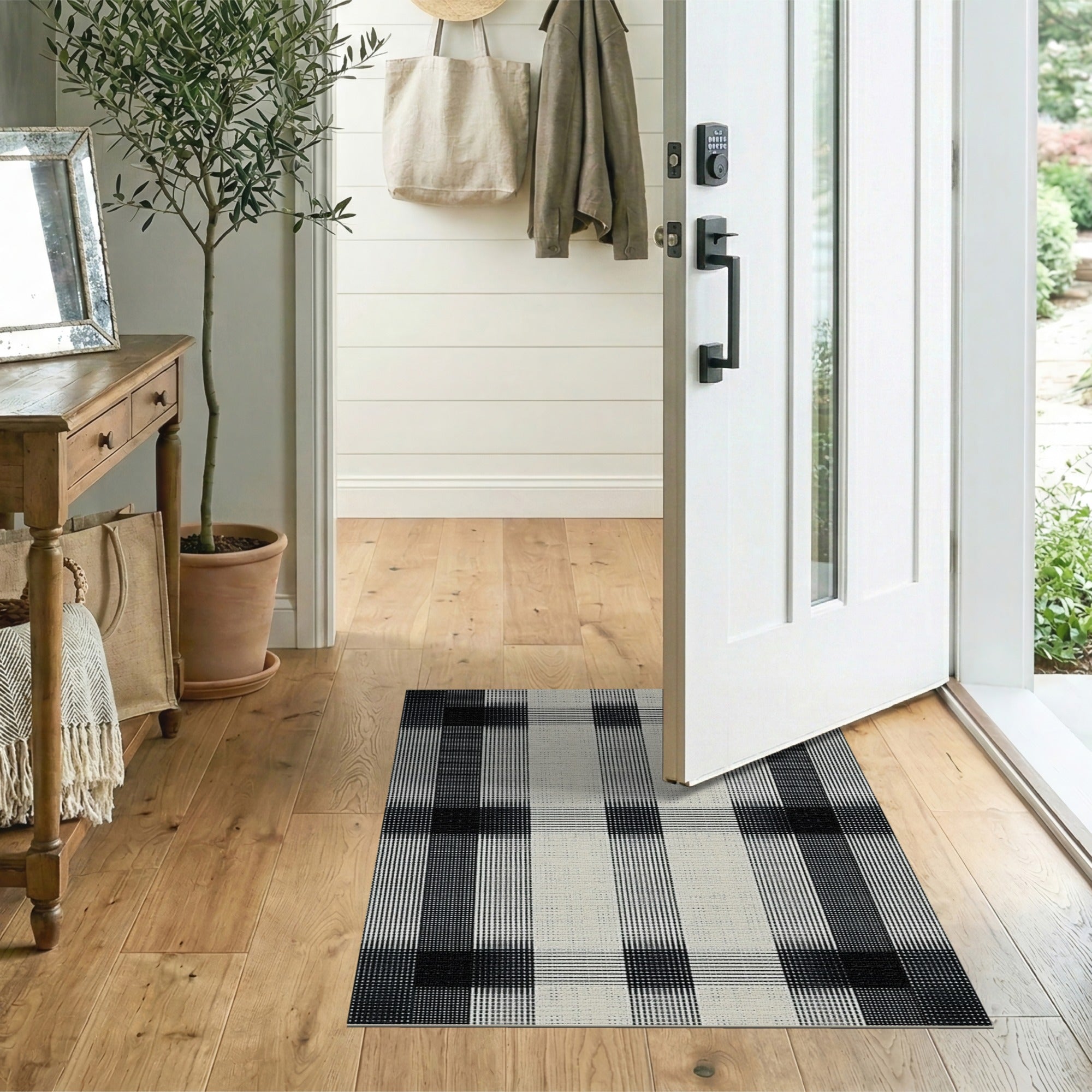 Black and White Distressed Black White Plaid Area Rug