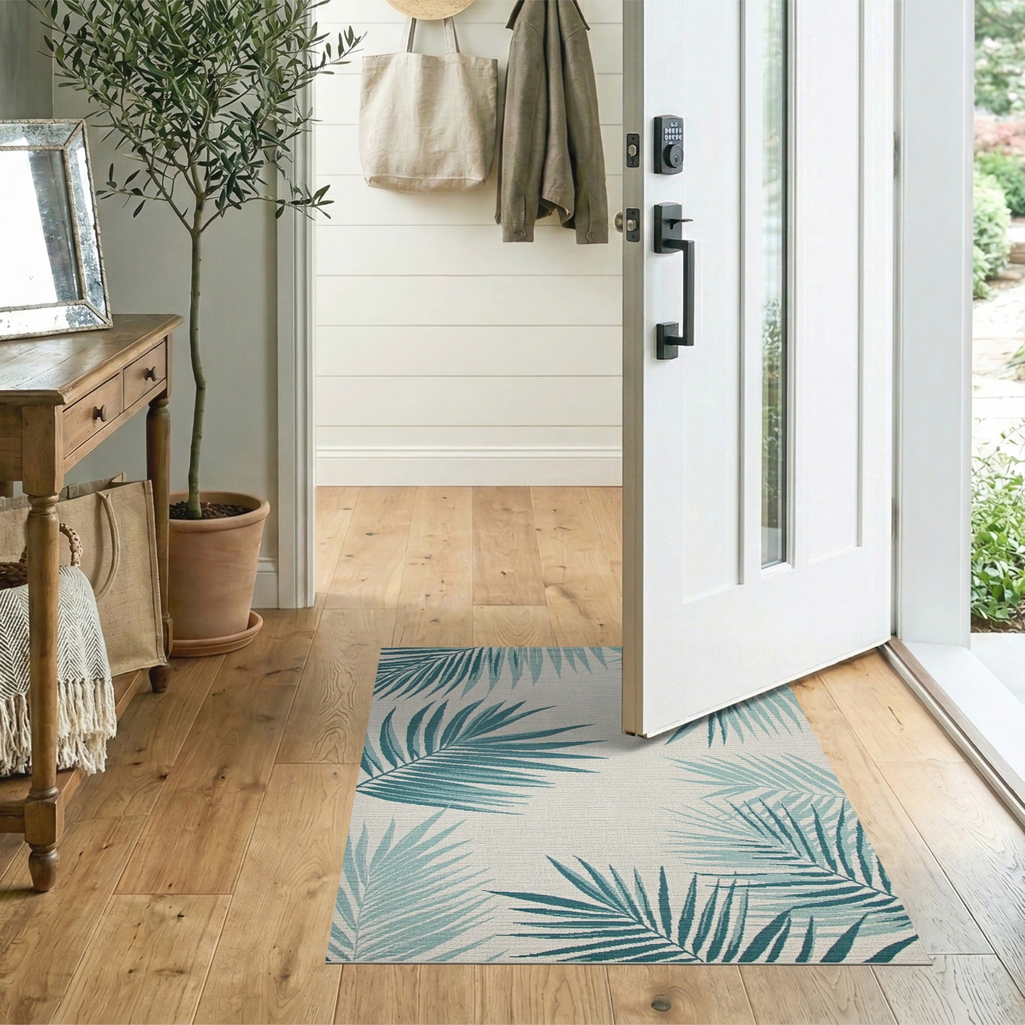 Blue and Teal Palm Frond Coastal Area Rug