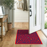 Red Maze Labyrinth Area Rug with Yellow Stars
