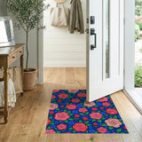 Swirling Pink Roses on Navy Floral Area Rug