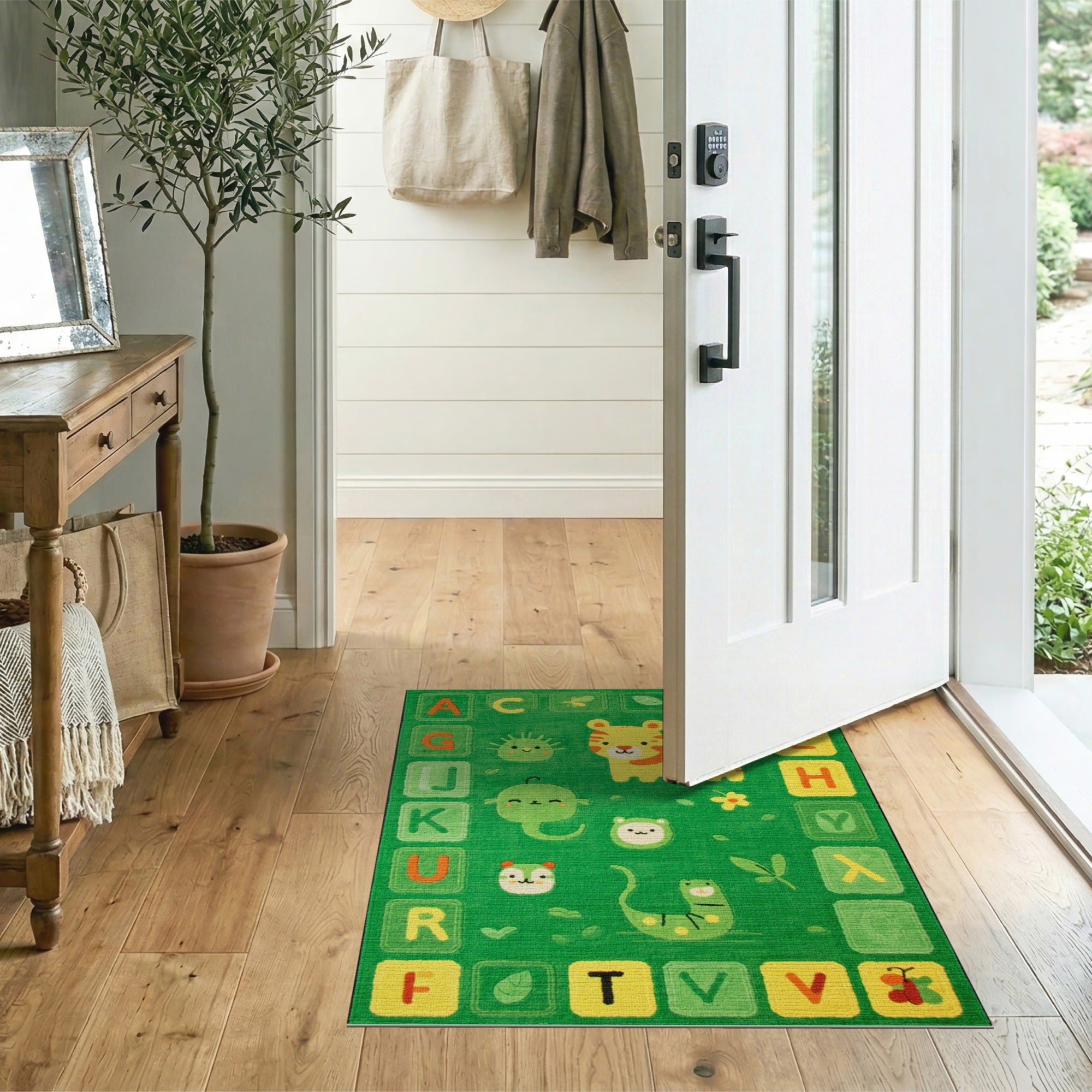 Green ABC Alphabet Kids Cartoon Rug with Animals