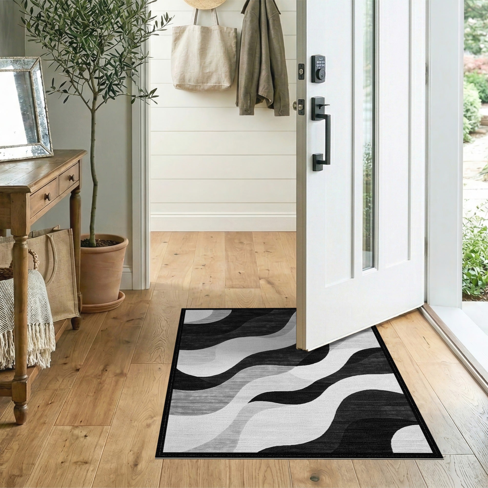 Black White Wavy Abstract Black and White Area Rug