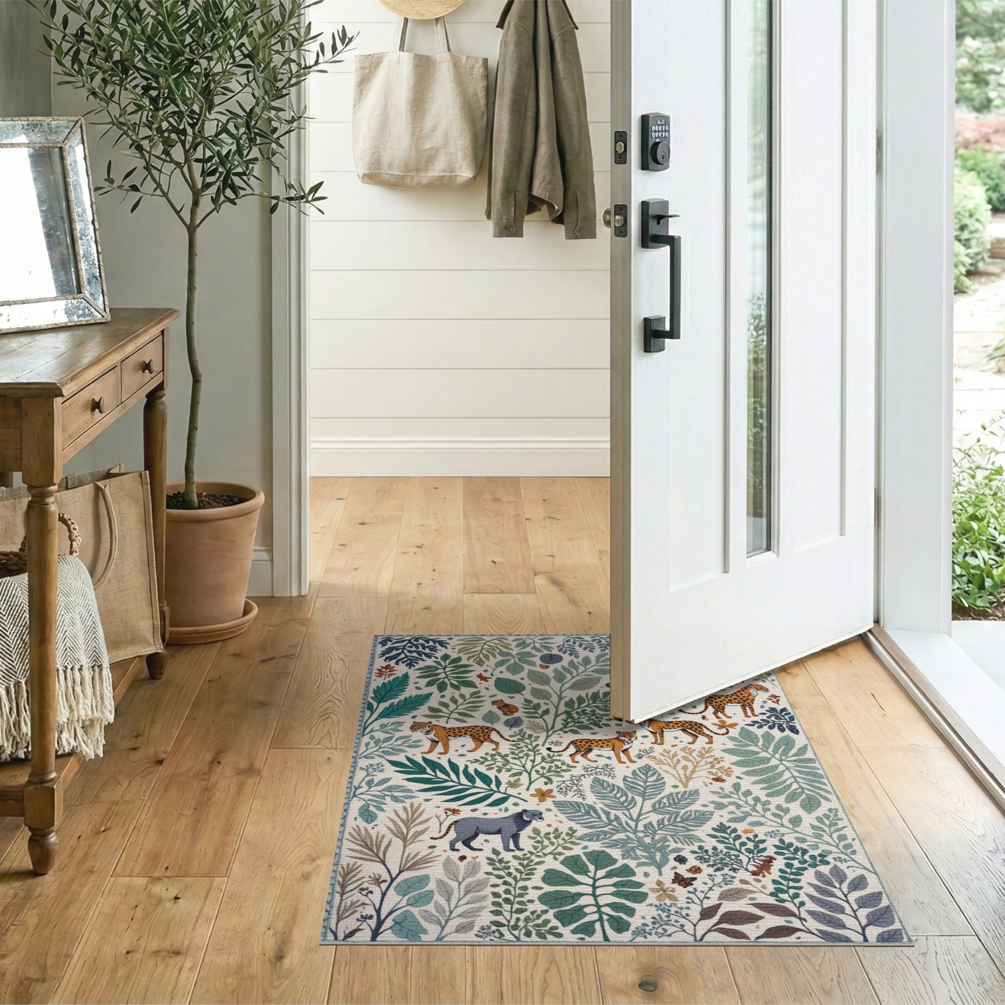 Jungle Leopard Teal Leaf Area Rug