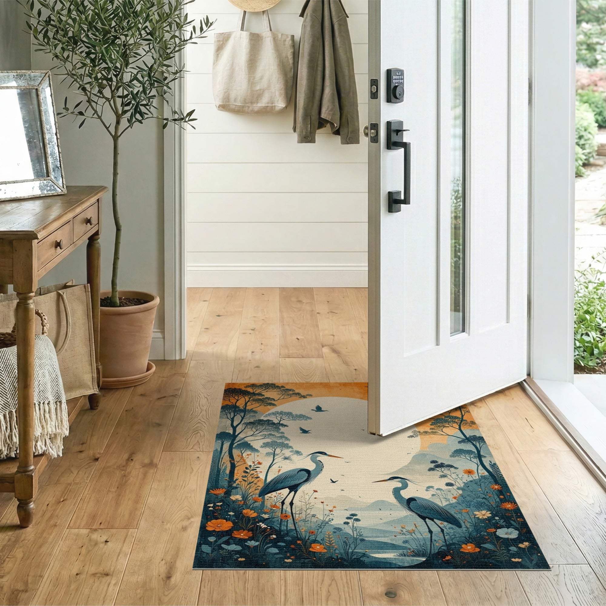 ODIKA Japanese Heron Nature Art Washable Area Rug - Low Pile & Non-Slip