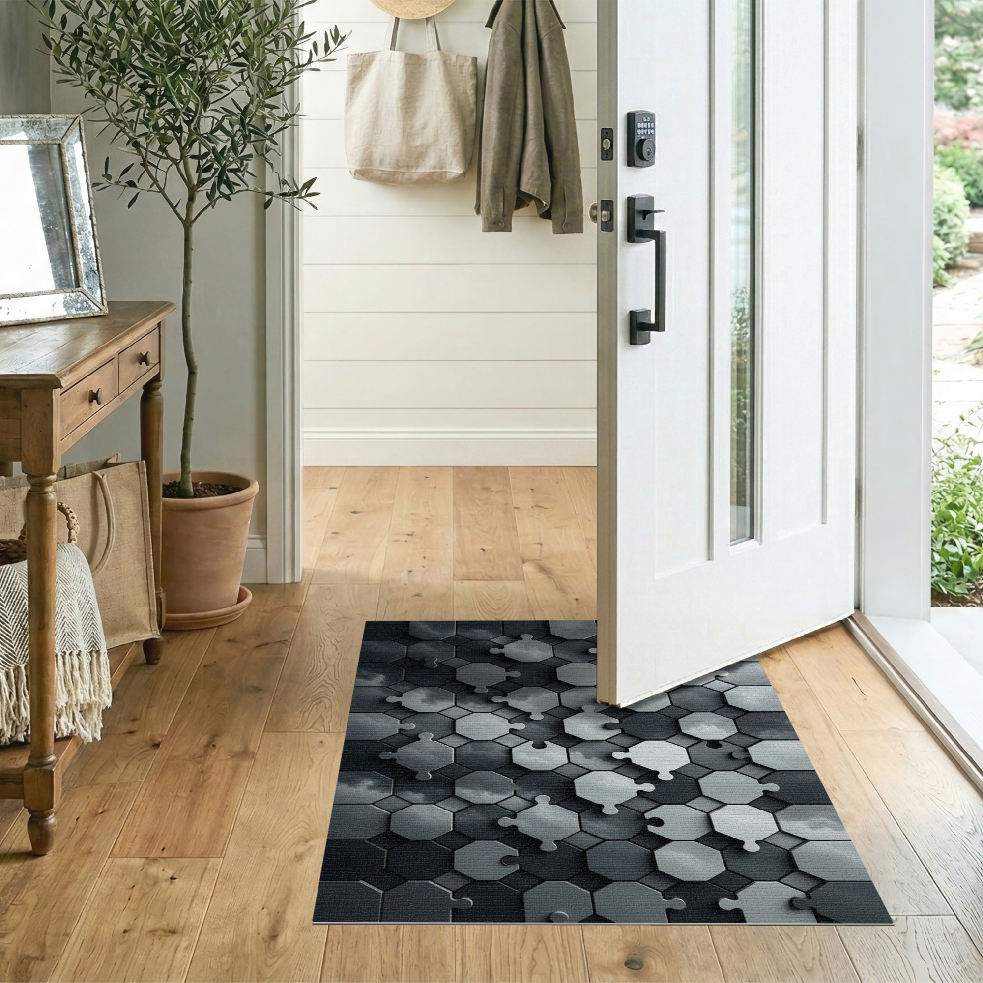 3D Geometric Puzzle Hexagon Area Rug - Black White