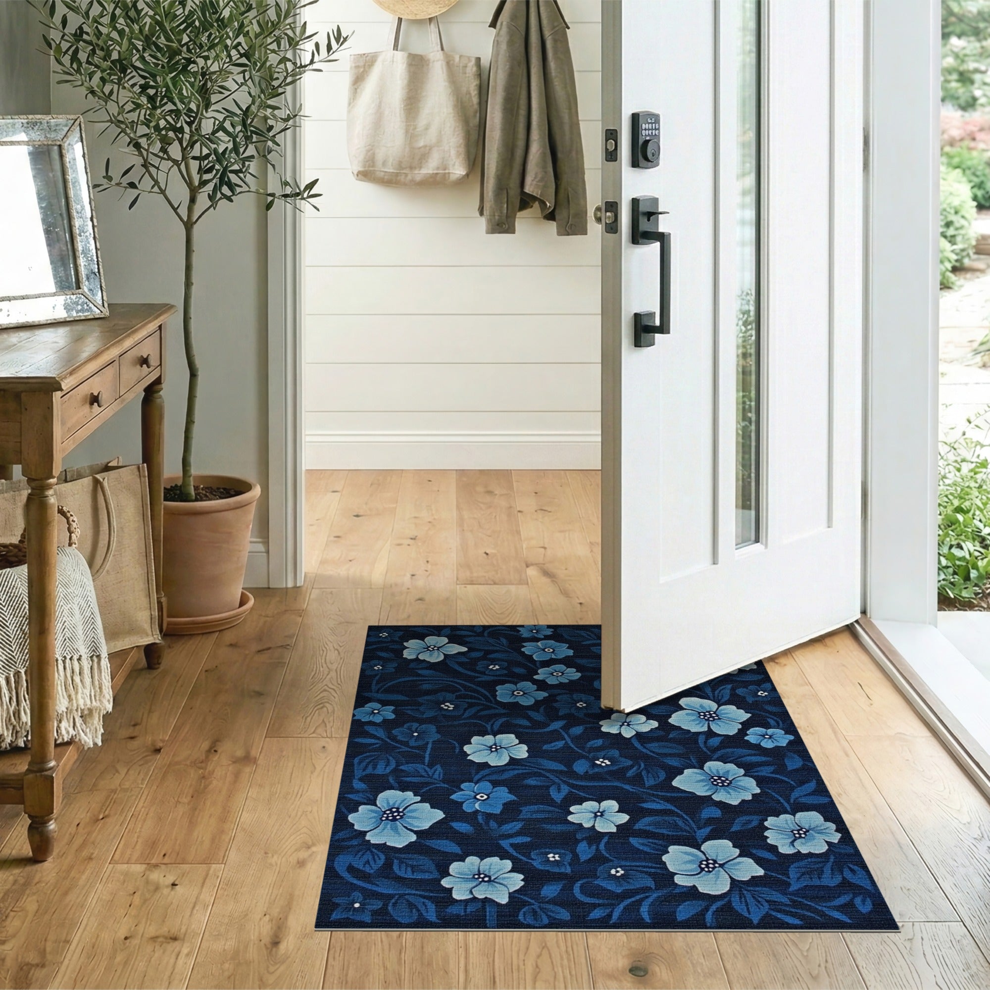ODIKA Navy Blue Floral Washable Area Rug - Low Pile Non-Slip Traditional Rug for Living Room & Kitchen