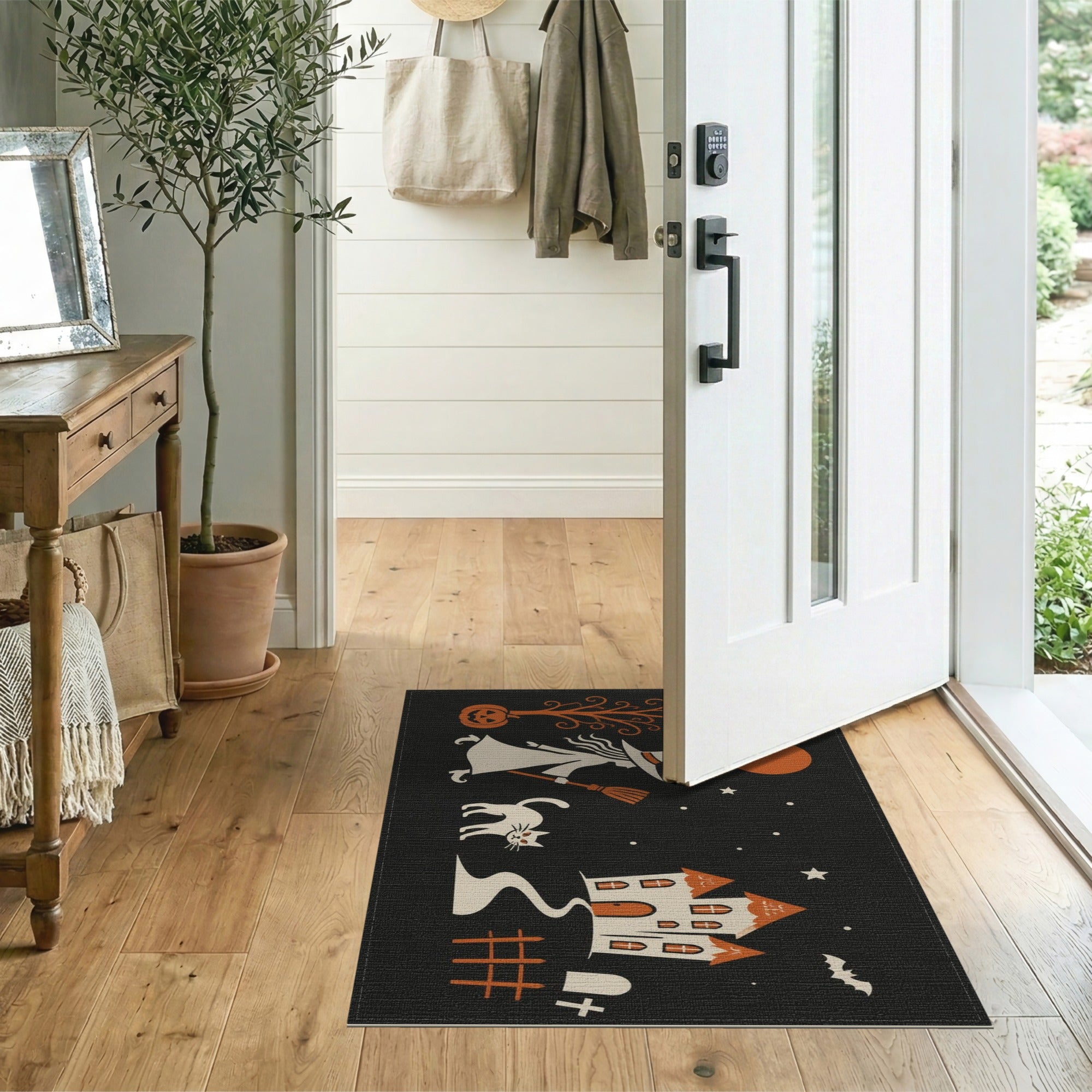 Halloween Witch Cat Haunted House Area Rug
