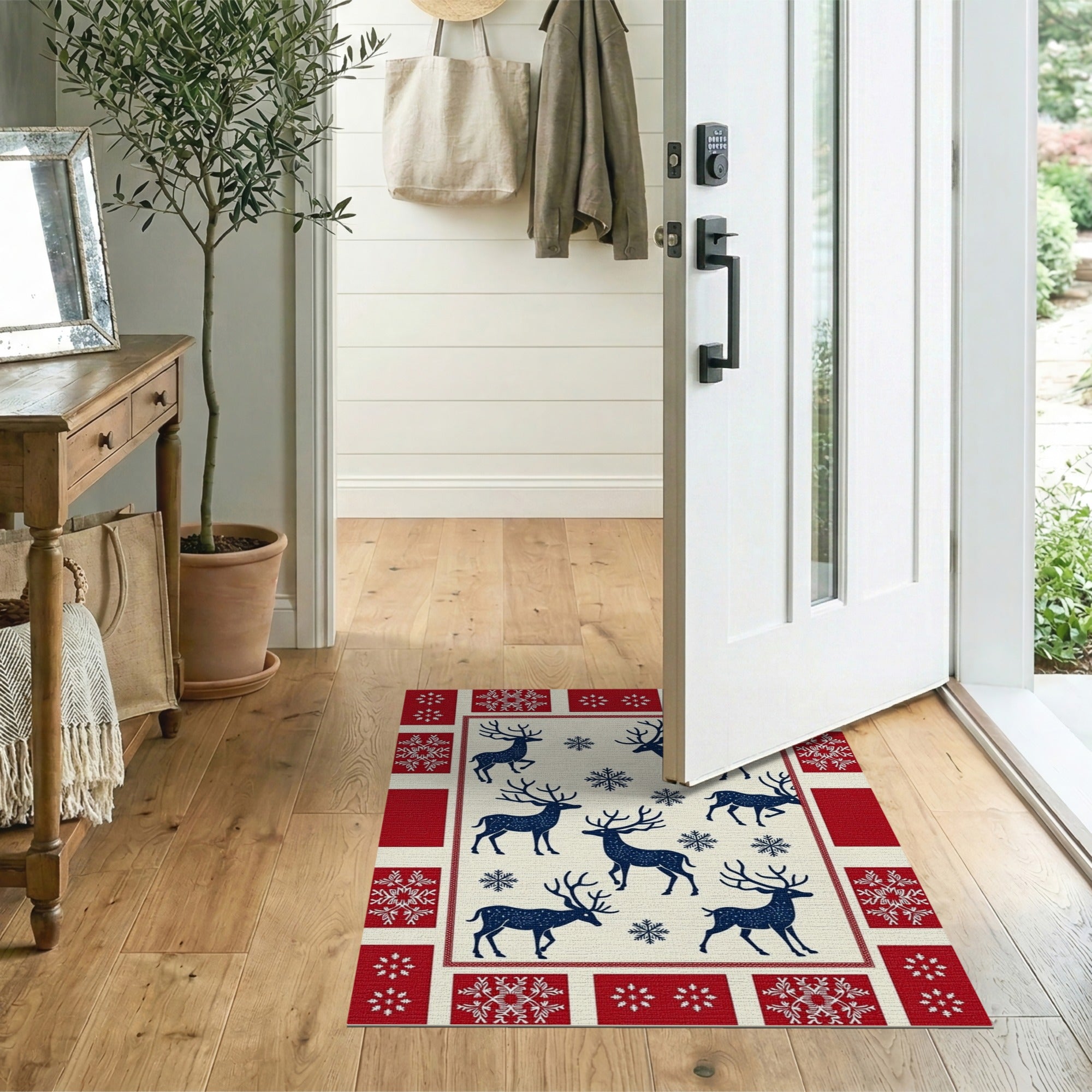 Festive Navy Reindeer Snowflake Red Border Area Rug
