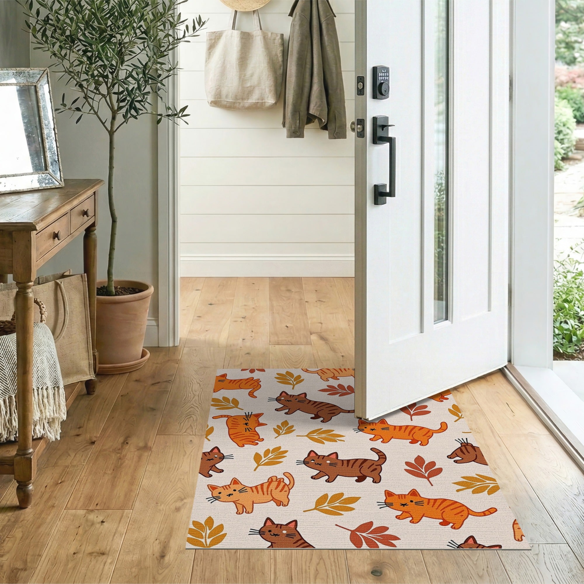 Playful Cartoon Tabby Cats Autumn Leaves Rug