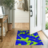 Vibrant Blue Abstract Curves on Green Area Rug