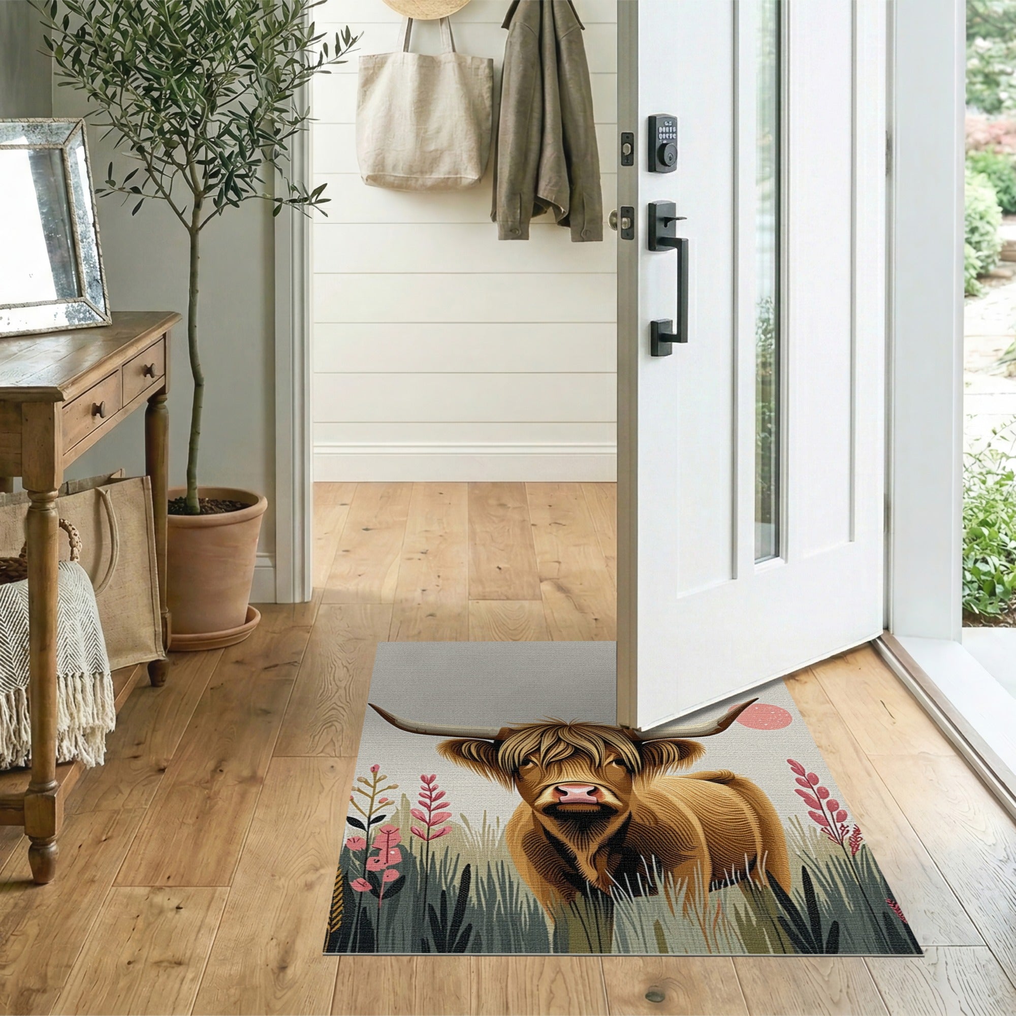 Shaggy Highland Cow Meadow Area Rug