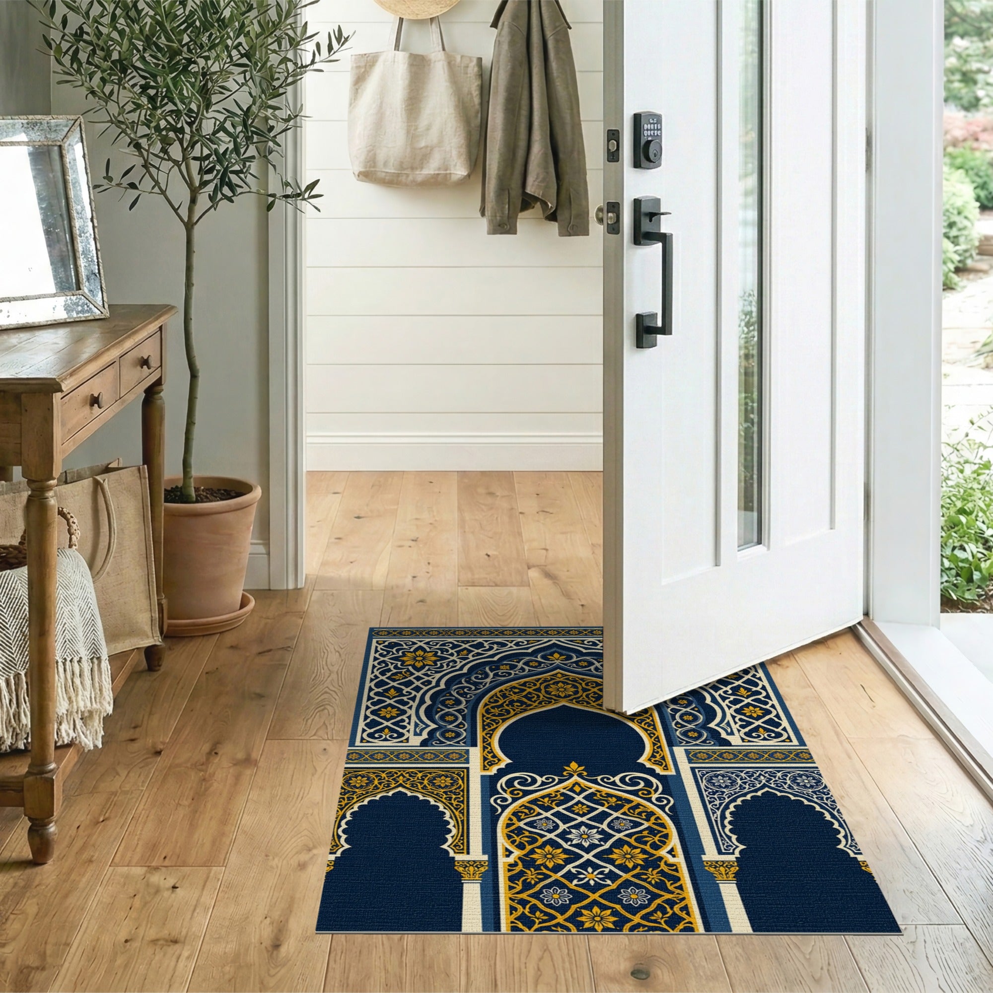 Navy Blue Ornate Moroccan Arch Area Rug
