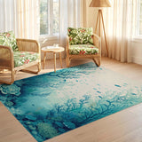 ODIKA Ocean Coral Reef Washable Area Rug - Teal Blue Coastal Low Pile Rug