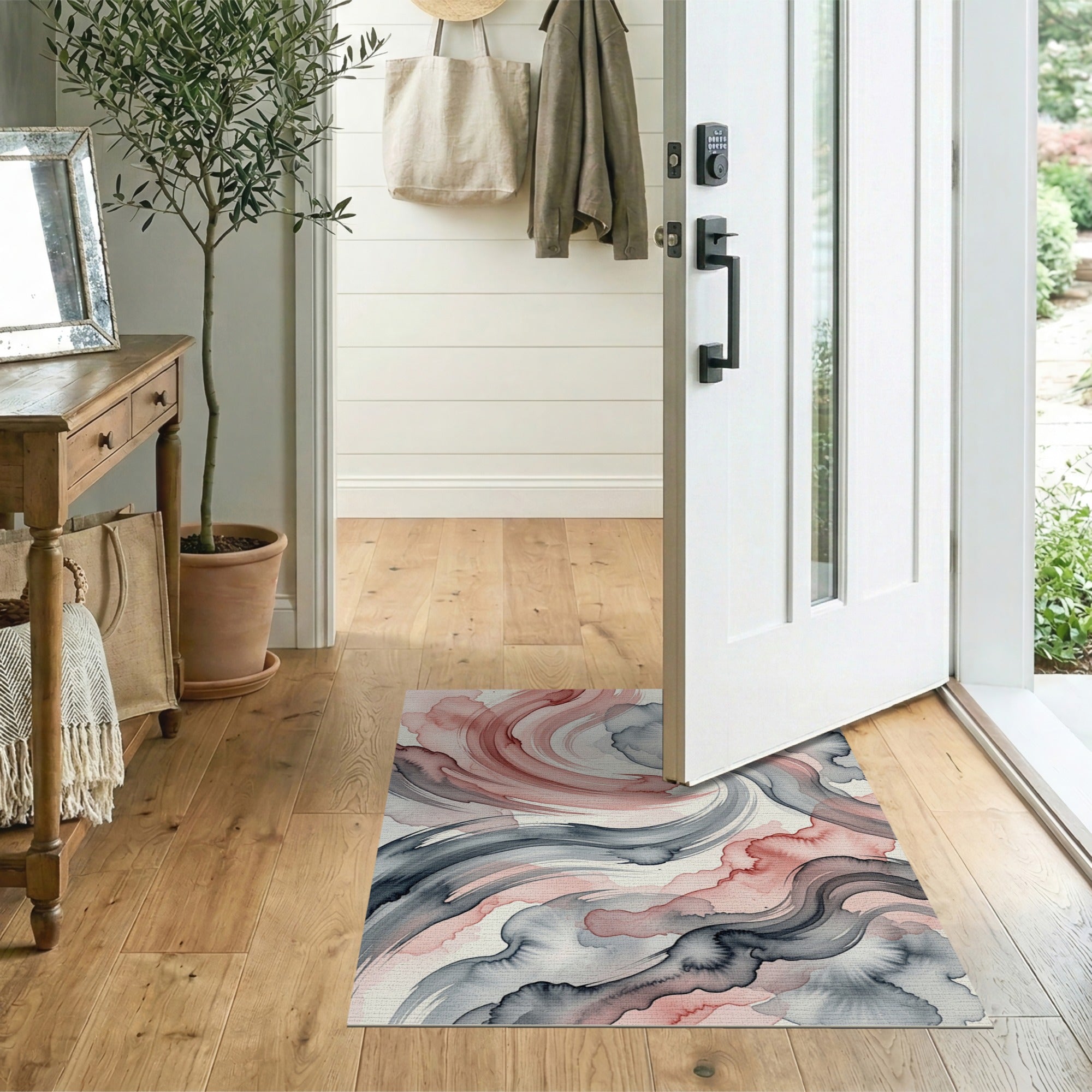 Fluid Grey and Blush Abstract Area Rug