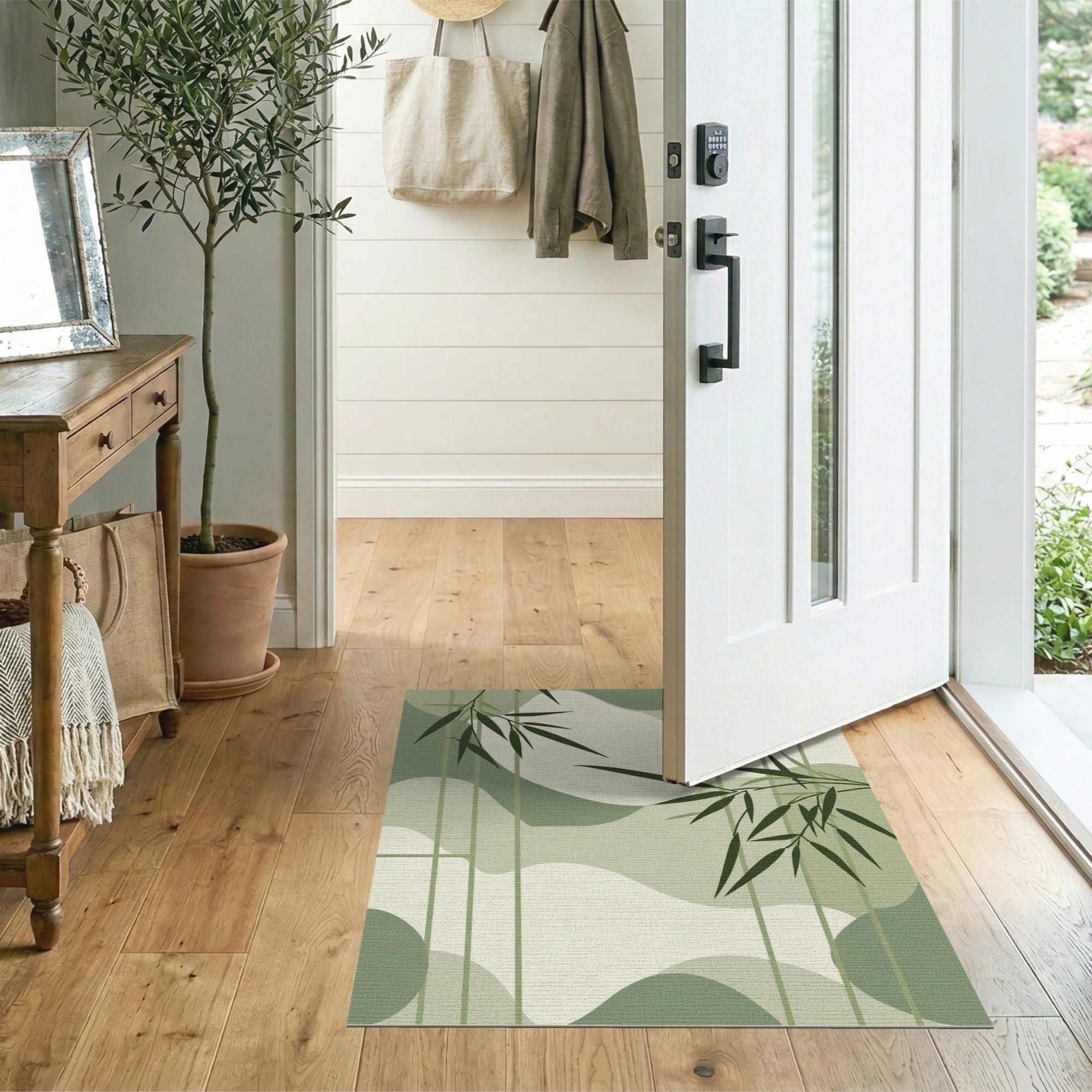 ODIKA Sage Green Bamboo Leaf Washable Rug - Low Pile Abstract Modern Non-Slip Area Rug