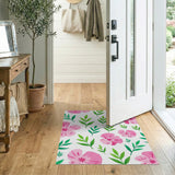 Pink Hibiscus Blooms Green Leaves Area Rug