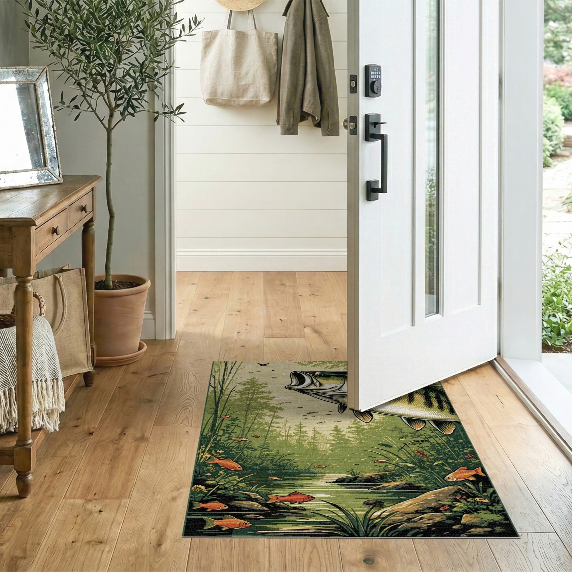 Largemouth Bass Leaping from Lush Green River Rug
