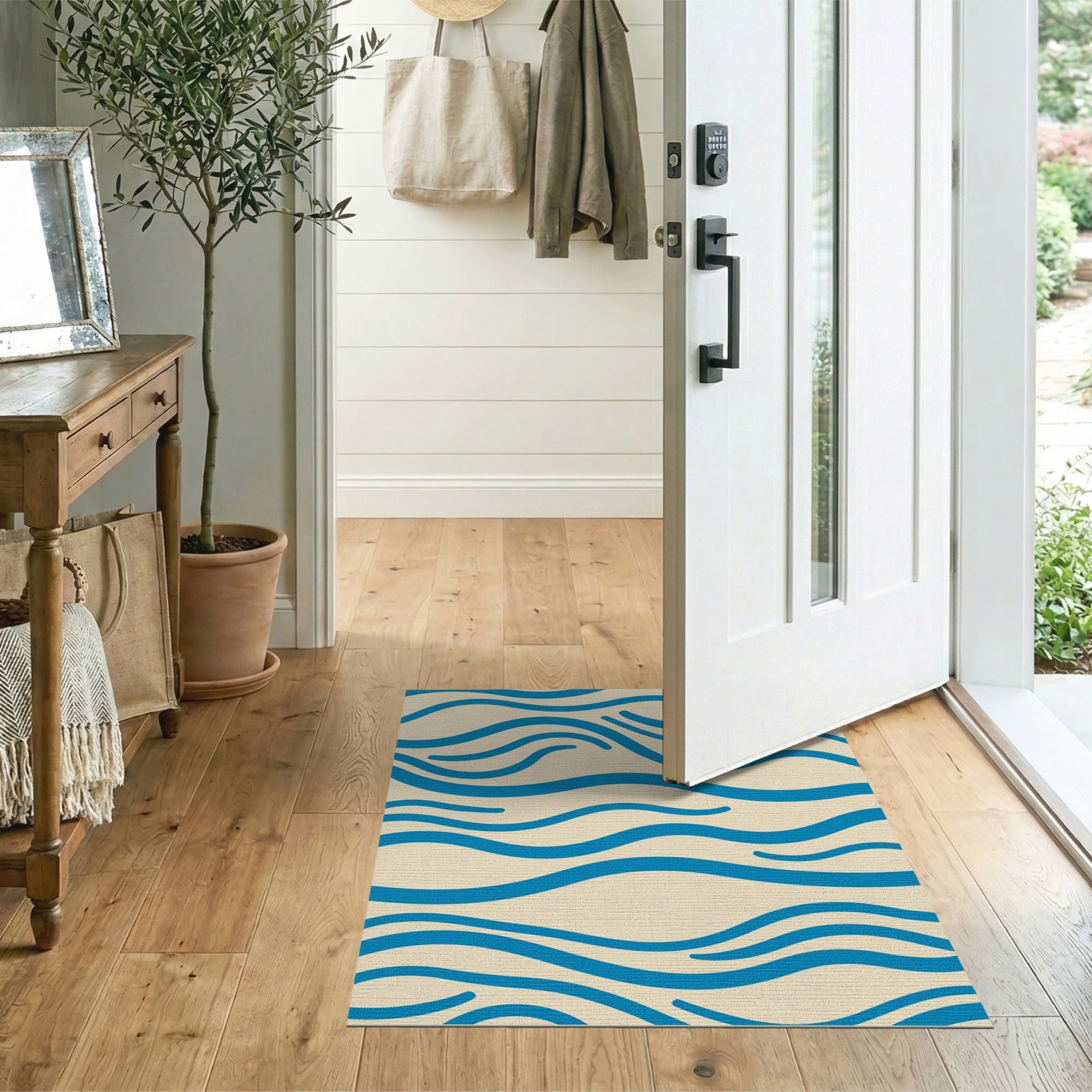 Blue and Teal Serene Blue Waves Coastal Area Rug