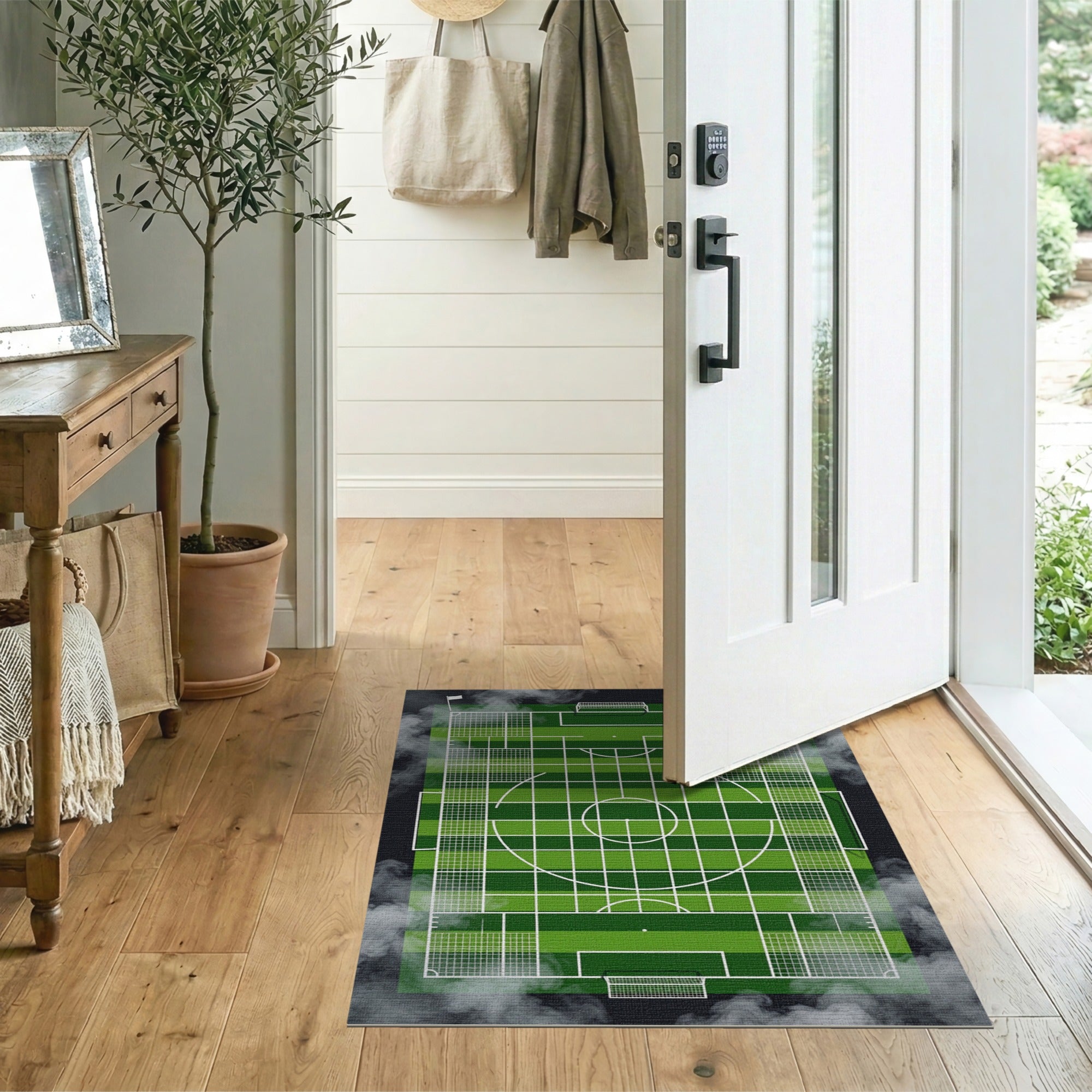Green Soccer Field Geometric Area Rug