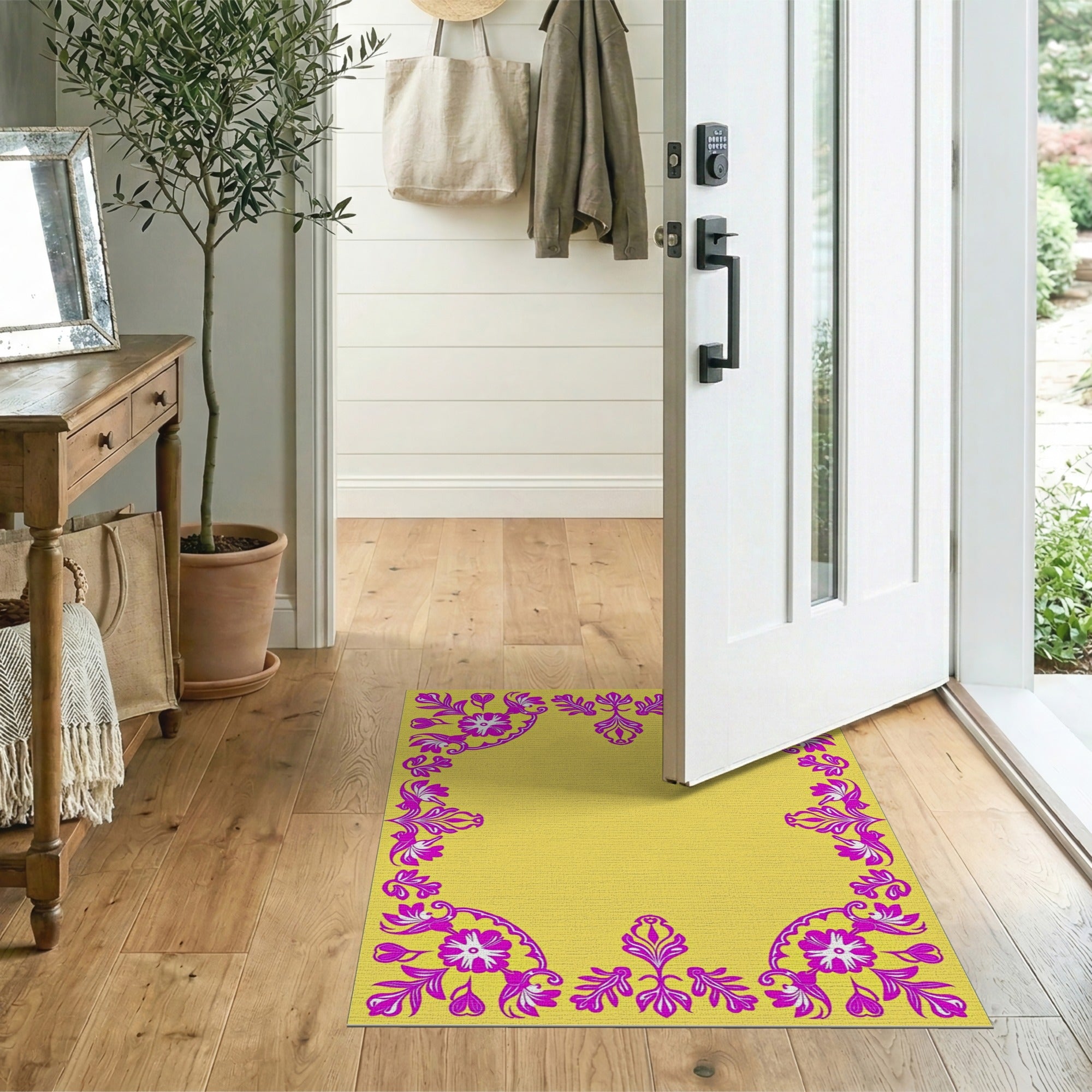 Vintage Pink Floral Border Yellow Area Rug