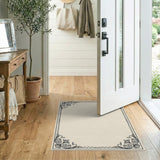 Beige and Neutral Ornate Floral Scroll Border Beige Area Rug